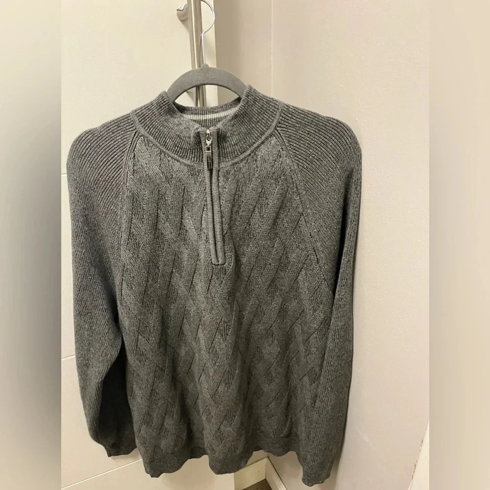 Tommy Bahama Brand Men's Napa Ridge 1/4-Zip Warm Cotton Jacquard Sweater Gray, L
